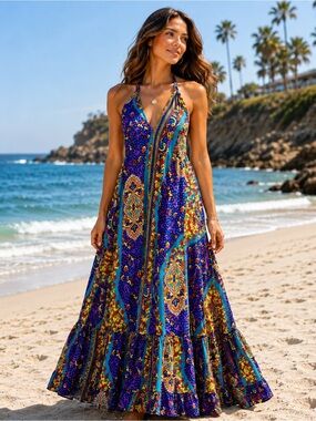 Fullah Sugah Bohemian Paisley Print Deep V-Neck Halter Dress Silk/Viscose - Sz L